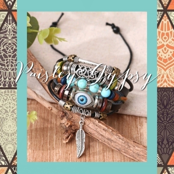 Seeing Eye Bohemian Feather Strappy Bracelet - Picture 1 of 4
